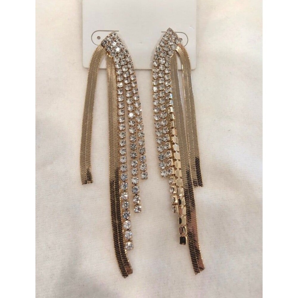 New Gold Dangle Earrings with Rhinestone Tassel